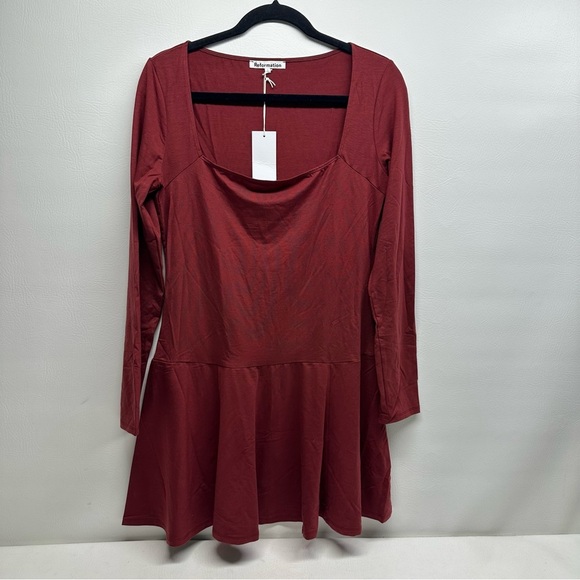 Reformation Wine Long Sleeve Dress square neck size Large nwt - Picture 2 of 9